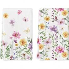 Spring Summer Flower Kitchen Towels 18x26 Inch  Set Of 2 Pink Yellow Floral & Leaf Towels, Absorbent Dish Hand Towels Holiday Home Decoration| Home & Kitchen - 白色 - 查看 1