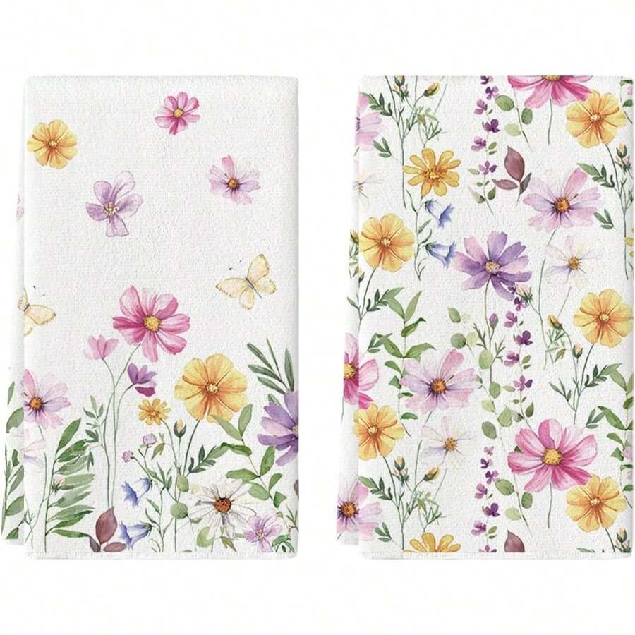 Spring Summer Flower Kitchen Towels 18x26 Inch Set Of 2 Pink Yellow Floral & Leaf Towels, Absorbent Dish Hand Towels Holiday Home Decoration| Home & Kitchen - 白色 - 查看 1
