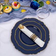 350PCS Plates Disposable - Gold Plates 50guest Baroque Plastic Dinnerware Include 100Plates, 50Pack Pre Rolled Napkins With Silverware 50Cups Perfect For Wedding&Mother's Day - Màu xanh lam - Xem 5