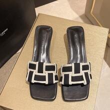 2025 Summer New Thick Heel Sandals Women Outdoor Wear Slippers French Checkerboard Fashion Slides - Black - View 7