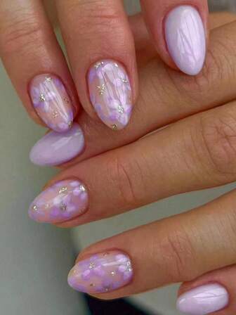 24pcs Oval Lavender Flower Shiny Nail Art Sticker Set, Macaron Candy Color Full Cover Fake Nails, Suitable For Women And Girls For Daily Work, Study And Party