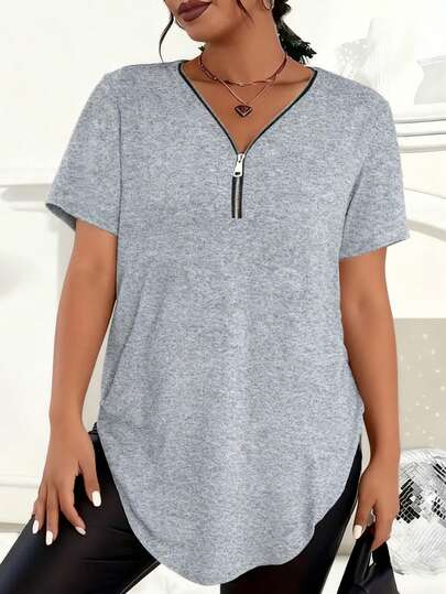 Plus Size Women Zipper V-Neck Short Sleeve Knit Casual T-Shirt Summer
