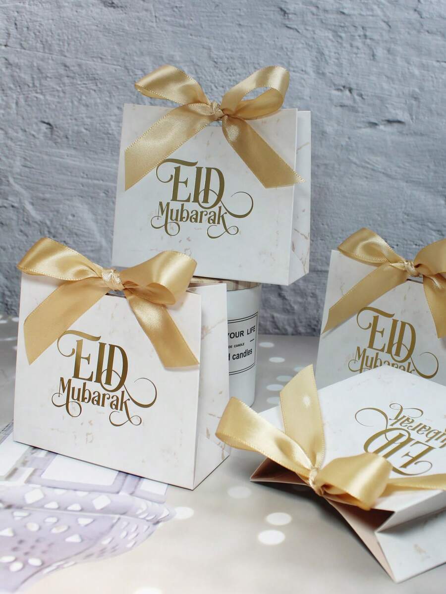 5pcs Elegant Eid Mubarak Marble-Style Gift Bags With Gold Foil Lettering And Satin Ribbon Bow, Premium Ramadan And Eid Favor Bags For Dates, Candy, Chocolate, Small Gifts, Party Favors, Iftar Treats, Family Gatherings, Festival Gift Wrapping, Decorative Packaging For Muslim Celebrations, Sturdy Boutique-Style Paper Bags Perfect For Festive Table Setups And Special Occasion Gifting - 11.5X4.5X10cm - View 1