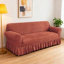 AMOROSA 3 Pieza Funda Cubre Sala con Falda Tipo Plumeti Funda de Sofá Lavable Elástica Fácil de Instalar Fundas para Sillones Sala  (1 plaza, 2 plazas, 3 plazas) Decoración Sala - Marrón oscuro - Ver 4