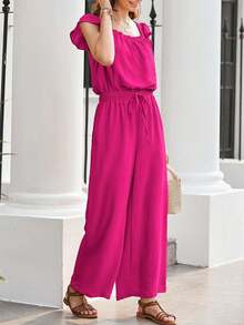 Womens Summer Loose Spaghetti Strap Short Jumpsuit Rompers - Rosa Fucsia - Ver 4