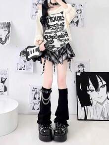 1双/链条 JK 皮革扣针织腿套，女款，黑色，Abby Legs，Y2K 亚文化喇叭形个性化中筒腿套，棉质，优雅，舒适，柔软，休闲，春夏，优雅，日式风格，柔软舒适的日式优雅风格（两种款式的腿套相同） - 彩色 - 查看 11
