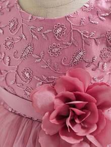 XUMPLO 小女孩优雅刺绣3D立体花朵蕾丝薄纱蓬蓬裙，公主裙，适合表演、节日、生日派对、婚礼、复活节等场合 - 藕粉色 - 查看 8