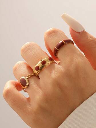 3pcs/Set Fashionable French Retro Elegant Plated Stainless Steel Geometric Open Ring, Adjustable Fit For Women Daily, Party, Date Wear