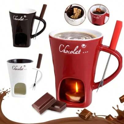 Bộ 1 nồi lẩu sô cô la bằng gốm, bộ nồi lẩu mini bằng gốm kèm nĩa - Cốc lẩu mini dùng để làm tan chảy sô cô la, chấm phô mai và hâm nóng kẹo - Bộ dụng cụ tiệc tráng miệng nhỏ gọn và trang nhã, lý tưởng cho buổi hẹn hò, đám cưới, sinh nhật, quà tặng ngày Valentine - Dễ dàng vệ sinh