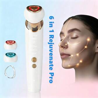 六合一焕肤美容棒 - 红光疗法，适用于面部和颈部，抗衰老提拉紧致；眼部按摩器，具备冷热微电流、振动和光子嫩肤功能；消肿美容棒，打造年轻紧致透亮肌肤。