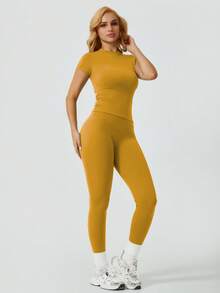 NcmRyu 1 Set Women's Solid Color Elastic Crew Neck Short Sleeve Pants Sports Suit Summer - 芥末黃 - 查看 5