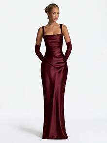 Elegant Satin Cinched Waist Bodycon Slip Dress, Long Gown For Halloween Party, Cocktail Party, Christmas Party - Burgundy - View 1