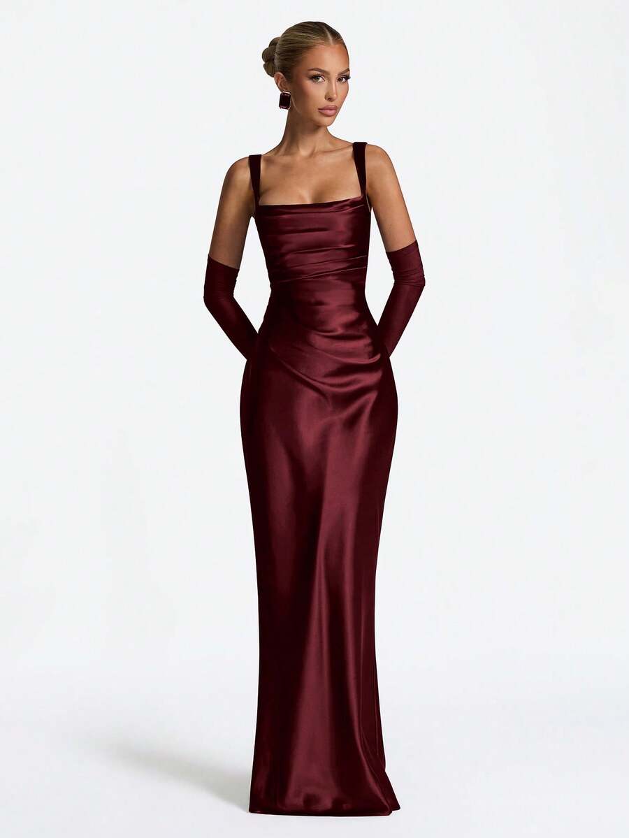 Elegant Satin Cinched Waist Bodycon Slip Dress, Long Gown For Halloween Party, Cocktail Party, Christmas Party - Burgundy - View 1