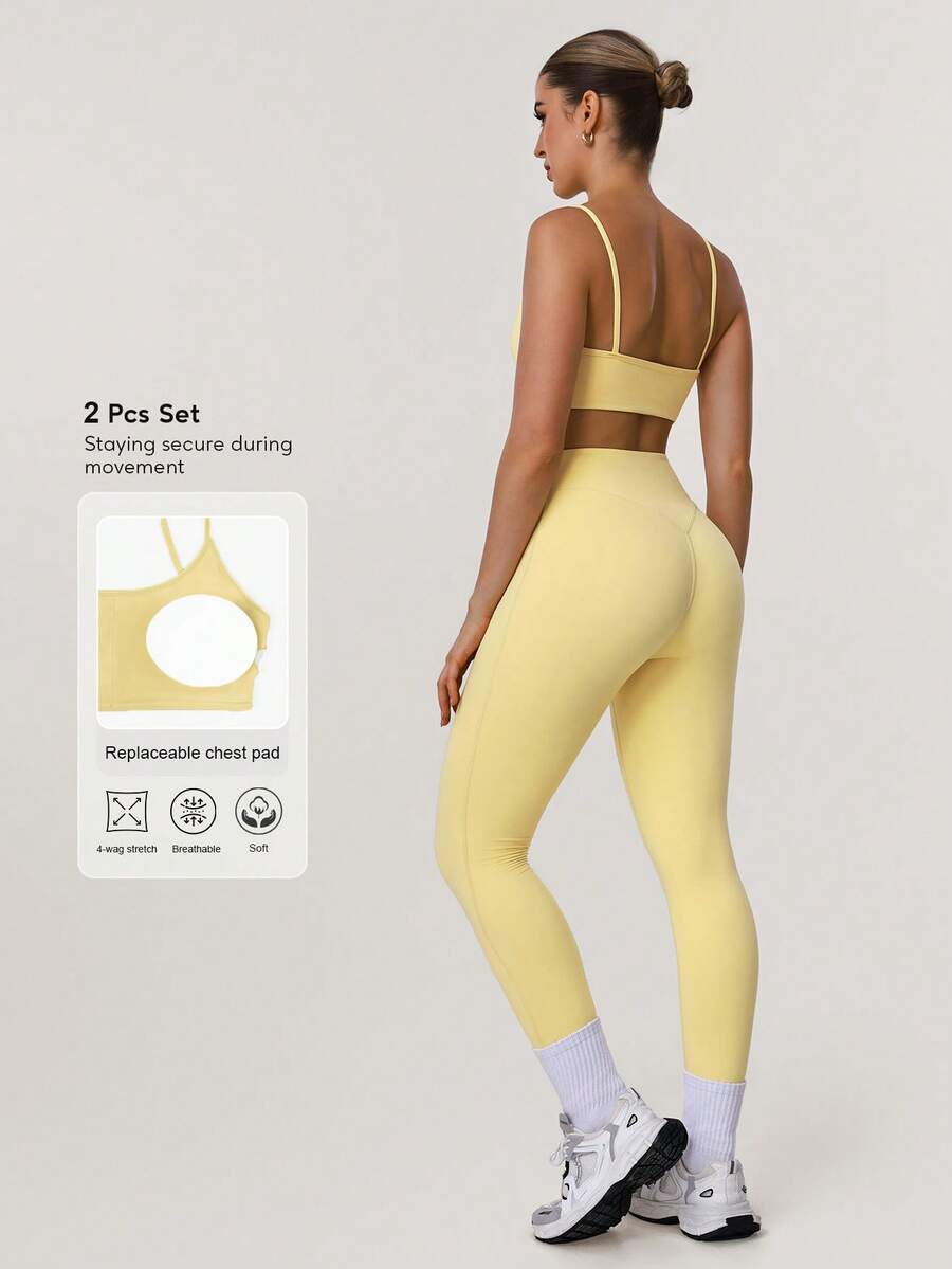 Sodalemon Women's Solid Color Thick Sports Bra & Yoga Leggings 2 Pieces Set, Minimalist Design For Fitness Training - Màu vàng - Xem 1