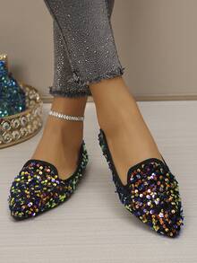 大码 35-45 女式尖头平底鞋,新款秋季户外日常休闲乐福鞋,时尚软底工作驾驶莫卡辛鞋,百搭平底鞋,可搭配连衣裙 - 紫彩虹色亮片 - 查看 7