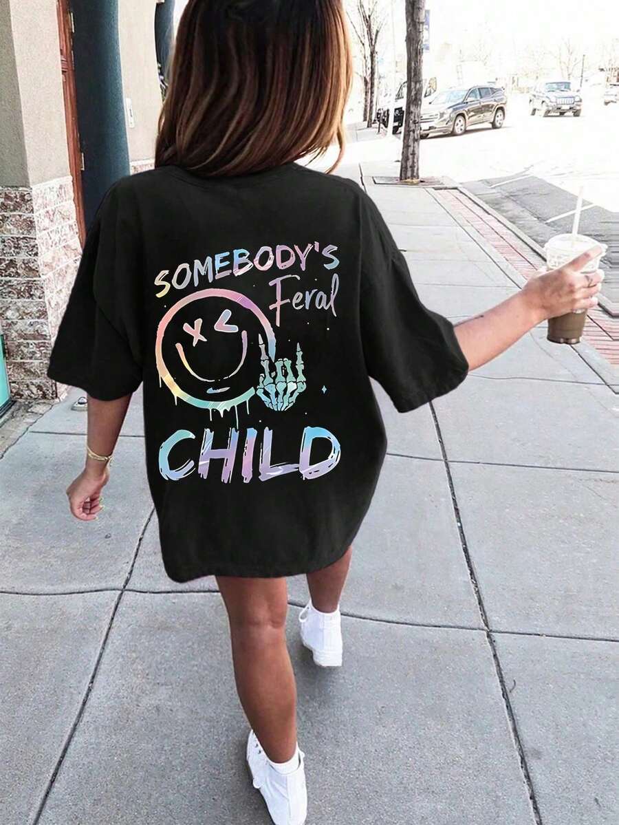 Áo thun cổ tròn tay ngắn in họa tiết vui nhộn thường ngày cho bé gái tuổi mới lớn, mùa hè - màu đen - Xem 1