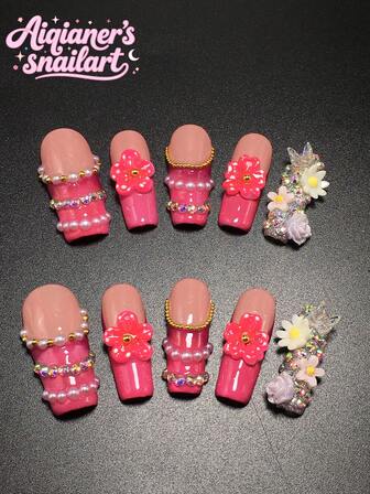 Each Set Of 10 Pieces Of Pure Handmade Nail Press Nails 33mm Square Long Nails French Nails Multi-Color With Three-Dimensional Modeling Glue Carving Craft Cute Fashion Versatile Suitable For Women To Wear Suitable For A Variety Of Occasions Parties, Balls And Daily Wear