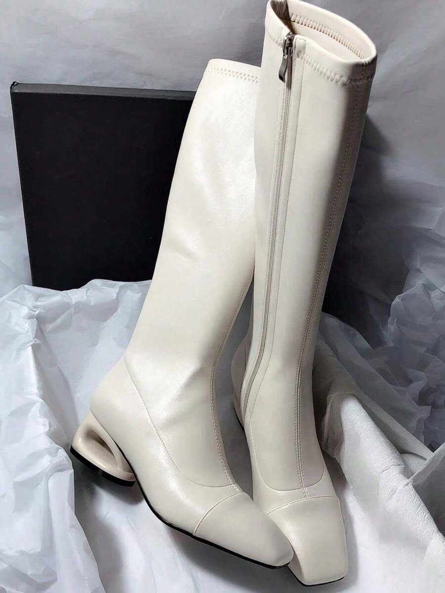 Fall/Winter Square Toe Hollow Out Chunky Heel Elegant Leather Versatile Side Zipper Over-The-Knee High Boots For Women - Beige - View 1
