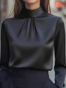 Women's Elegant Black Satin Blouse, Stand Collar Pleated Long Sleeve Top, Workplace Commute Graceful Slimming Satin Texture, Suitable For Office Or Formal Casual Occasions, Solid Color Button, Perfect For Spring, Summer, Autumn And Winter - Black - View 7