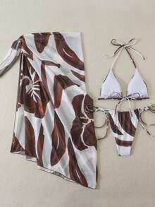 Spring/Summer Sexy Elegant Vacation Abstract Geometric Print 3-Piece Swimsuit Set: Beach Dress + Bikini, Suitable For Summer Beach Vacation, Backless Tie, Easter, St. Patrick's Day, Going Out, Graduation, Elegant - Multicolor - View 4