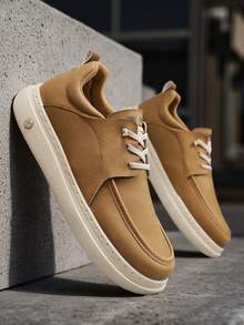 4 Season New Men Comfortable Soft Bottom Sneakers Casual Loafers Leather Shoes Office Shoes Versatile Fashion Shoes Travel Shoes Slip-On Moccasins Slouchy Shoes Lace-Up Metal Eyelets - Khaki - View 14