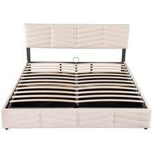 Cama tapizada, cama doble, cama con función hidráulica, terciopelo, estilo a rayas, cama continental, cabecero ajustable en altura, 140 x 190, gris - Beige + Terciopelo + 160 cm x 200 cm - Ver 11