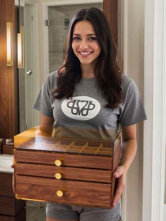 1 pieza Caja de joyería de acrílico transparente de 3 capas con madera de melocotón, caja de almacenamiento de joyería de gran capacidad, caja de almacenamiento y exhibición de joyería con estilo de cajón y bandeja de terciopelo ajustable, adecuada para aretes, anillos, pulseras, collares y collares, es la opción ideal para el almacenamiento y la organización de joyas en el hogar.