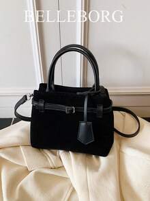BELLEBORG 女款小方型手提包，撞色休閒通勤風，復古帆布扣飾，百搭款 - 黑色 - 查看 2