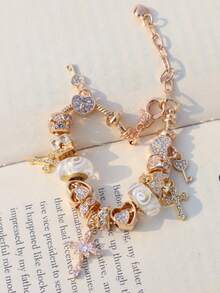 1条时尚漩涡吊坠手链，1条十字架钥匙DIY手链，1条经典锁头钥匙手链，1条十字架爱心手链 - 金色 - 查看 8