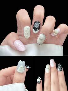 10片手工制作的按压式美甲贴片，假指甲，可爱简约风格，可爱猫背图案，雪花图案，3D猫抓装饰，格子图案，撞色设计，短款按压式美甲贴片，椭圆形按压式美甲贴片，高端品质，适合日常或节日佩戴，可作为礼物赠送。 - 彩色 - 查看 3