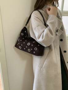 SIMUTINE 1pc New Niche Design Women's Handbag, Punk Rivet High-End Feeling Crossbody Bag, Commuting Versatile Minimalist Shoulder/Underarm Bag, PU Material, Adjustable Strap, Suitable For Daily Use, Shopping, Commuting, Work, University - Coffee - View 3