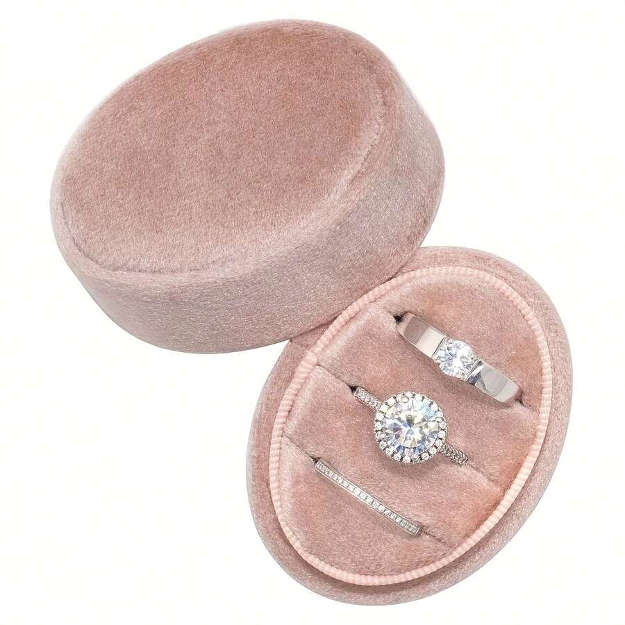 Velvet Oval Ring Box 3 Slots - Premium Wedding Three Rings Holder Box Vintage Handmade Storage Jewelry Organizer For Proposal, Engagement, Wedding Ceremony, Christmas, Jewelry Boxes, Large Jewelry Box, Jewelry Box Packaging, Jewelry Boxes Packaging - Watermelon Pink - View 1