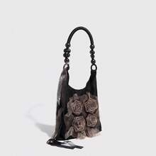 1pc Vintage Chinese Style Floral Decor Handbag With Pleated Underarm Pouch, Suitable For Daily Commute, Shopping, Strolling - Black - View 2
