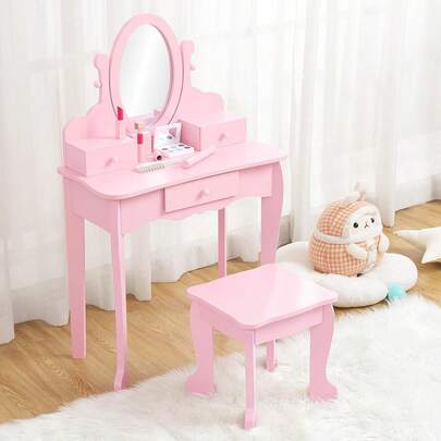 Tocador infantil con espejo ajustable, tocador y silla para que las niñas jueguen con el espejo, taburete y set de maquillaje de madera.