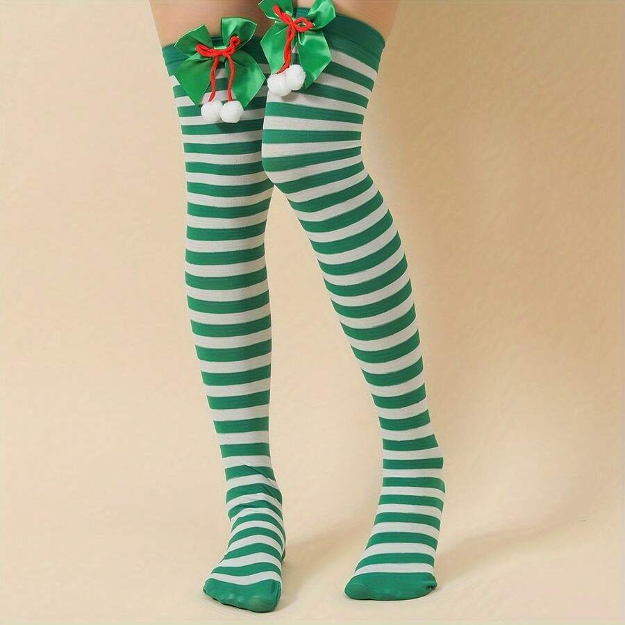 1 Pair Of Red And Green Striped Socks For Fall, Winter, Christmas, And Halloween; Calf Socks With Bow And Ball Decorations; Christmas Stockings; Party Over-The-Knee Socks. - 綠白色 - 查看 1