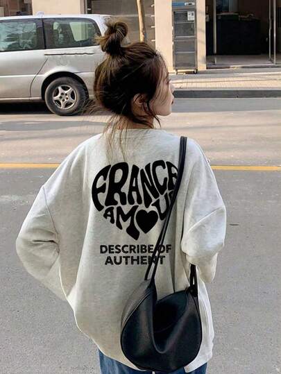 y2k [アルファベット]レディース グラフィックプリント 長袖Tシャツ ヘビーウェイトコットン ドロップショルダー ルーズフィット ラウンドネック カジュアルトップス ライトグレー