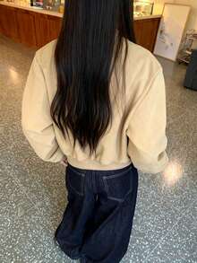 休闲棒球风灰色夹克，宽松版型，插肩袖，短款，百搭秋季外套 - 卡其色 - 查看 5