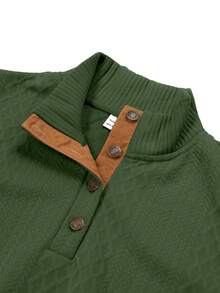 Men's Casual Fashion Half-Zip Jacquard Knit Henley Polo Shirt, Fashionable And Durable Vintage Style, Contrast Elbow Patch, Herringbone Pattern In Khaki, Suitable For Casual Office, Daily And Weekend Wear, Autumn/Winter - Green - View 6