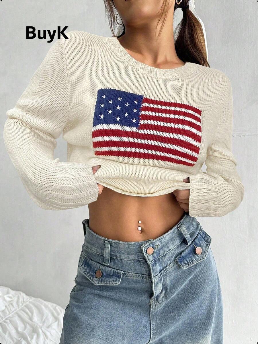 BuyK 复古美国国旗图案女式毛衣，秋冬新款时尚单品，街头风短款廓形，长袖针织设计，轻松打造时尚吸睛造型，适合欧美审美和风格。