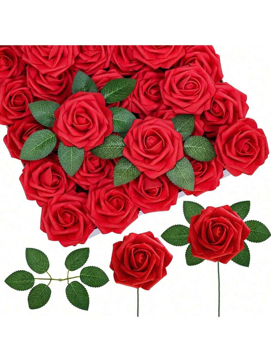 10/30/50支仿真花，象牙色泡沫假玫瑰，带茎，适用于DIY婚礼花束、白色新娘送礼会中心装饰品、派对餐桌装饰、情人节和母亲节（不含纸盒） - 紅色 - 查看 1