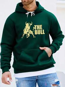Sudadera con Capucha Casual para Hombre con Patrón de Toro - Tejido de Punto% Poliéster, Diseño de Ajuste Regular, Ligeramente Elástica, Color Sólido con Gráfico Audaz, Estilo Pullover - Ropa Casual - Negro - Ver 5
