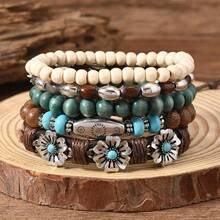 Bohemian Style Wooden Bead Elastic Bracelet, Multi-Layered Flower Turquoise Bracelet, 5-Piece Fashion Bracelet Set. - 5-piece Set - View 3