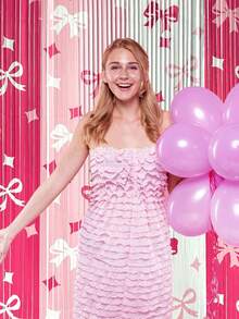 1Pc/2Pcs Pink Bow Foil Fringe Curtains Tinsel Backdrop 3.3 X 6.6 Ft Pink Tinsel Streamer Party Photo Backdrop Party Decorations For Bow Birthday Decoration Shower Wedding Bows Theme Party Decor - Multicolor - View 5