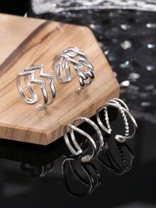 4pcs Minimalist Stainless Steel Men's Silver Rings Set, Includes Leaf & Geometric Line Cut Elements, Suitable For Men's Daily Wear, Festivals, Dates, Engagements, Weddings, Jewelry Gift