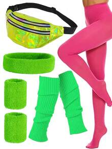 D EXCEED 5/6件套80年代女士运动服饰配件 – 头带、腕带、腰包、腿套、半透明纯色连裤袜，适用于瑜伽、户外运动、80年代主题团体运动服、节日礼物 - 彩色 - 查看 15