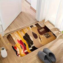 1pc Guitar-Themed Non-Slip With Guitar & Music Note Design - Color-Coded Stratocaster-Inspired Pattern, Soft Absorbent Entryway, Music Room, Bedroom - Washable Floor Mus - 多色 - 查看 4