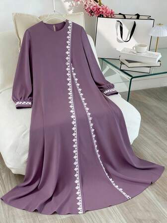 长袖阿巴雅长袍，中东风格女士纯色蕾丝边长裙，秋季女装，纯色袖连衣裙，水溶性蕾丝设计，优雅连衣裙