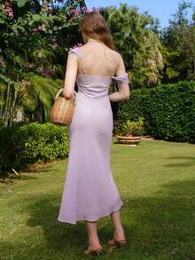 Đầm không tay màu trơn cổ lệch thanh lịch dành cho nữ, mùa hè - Màu tím hoa cà - Xem 2