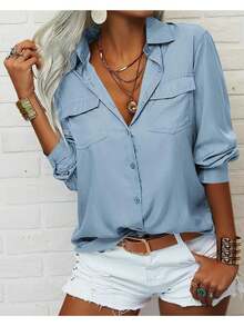 Women's Solid Long Sleeve Blouse, Button Down Lapel Shirt, Casual Office Basic Top - Xanh nhạt - Xem 3