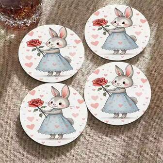 4 piezas Posavasos redondos de madera - Diseño lindo de conejo y flores, Posavasos planos de 4 pulgadas resistentes al calor para tazas de café, Decoración del hogar y la cocina, Mejor regalo de inauguración de la casa, Decoración de conejos, Diseño divertido, Madera duradera, Manteles decorativos, 4 piezas/Set, 1200 piezas/300 Sets